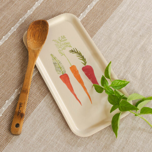 Carrots hand printed by Molly Thompson at Pretty Flours on a birchwood tray
