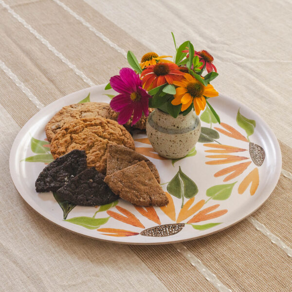 Sunflowers hand printed by Molly Thompson at Pretty Flours on a birchwood serving platter