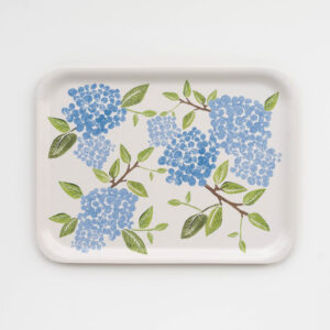 Blue hydrangea printed by Molly Thompson of Pretty Flours on Birchwood Serving Trays