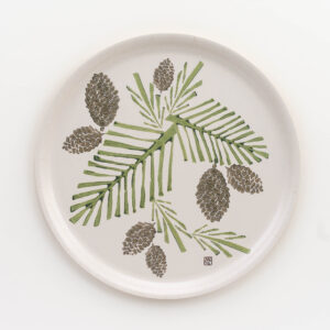 Pine boughs and cones printed by Molly Thompson of Pretty Flours on Birchwood Serving Trays