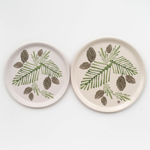 Pine boughs and cones printed by Molly Thompson of Pretty Flours on Birchwood Serving Trays