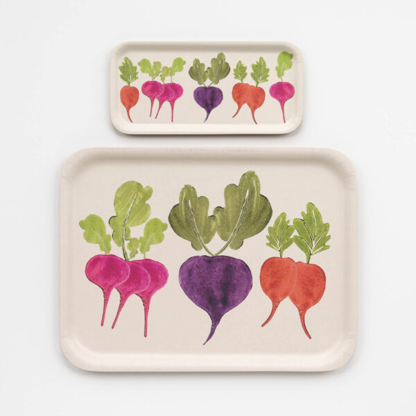 Root vegetables printed by Molly Thompson of Pretty Flours on Birchwood Serving Trays